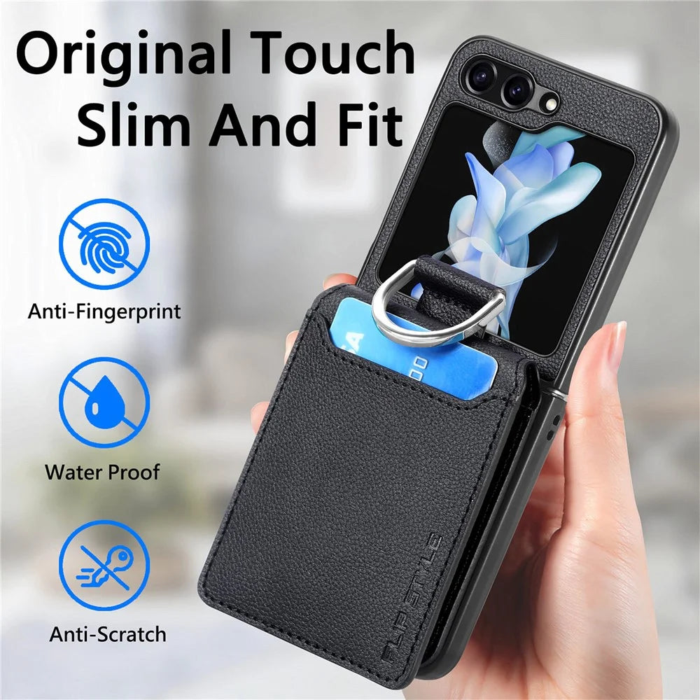 For Samsung Galaxy Z Flip5 5G Litchi Texture PU Leather+PC Phone Case Card Slot Kickstand Cover with Finger Ring - Black - 7