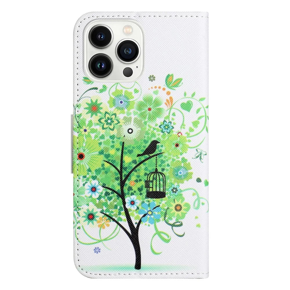 For iPhone 15 Pro Max Cellphone Case Pattern Printing Leather Wallet Stand Phone Cover - Green Tree - 5