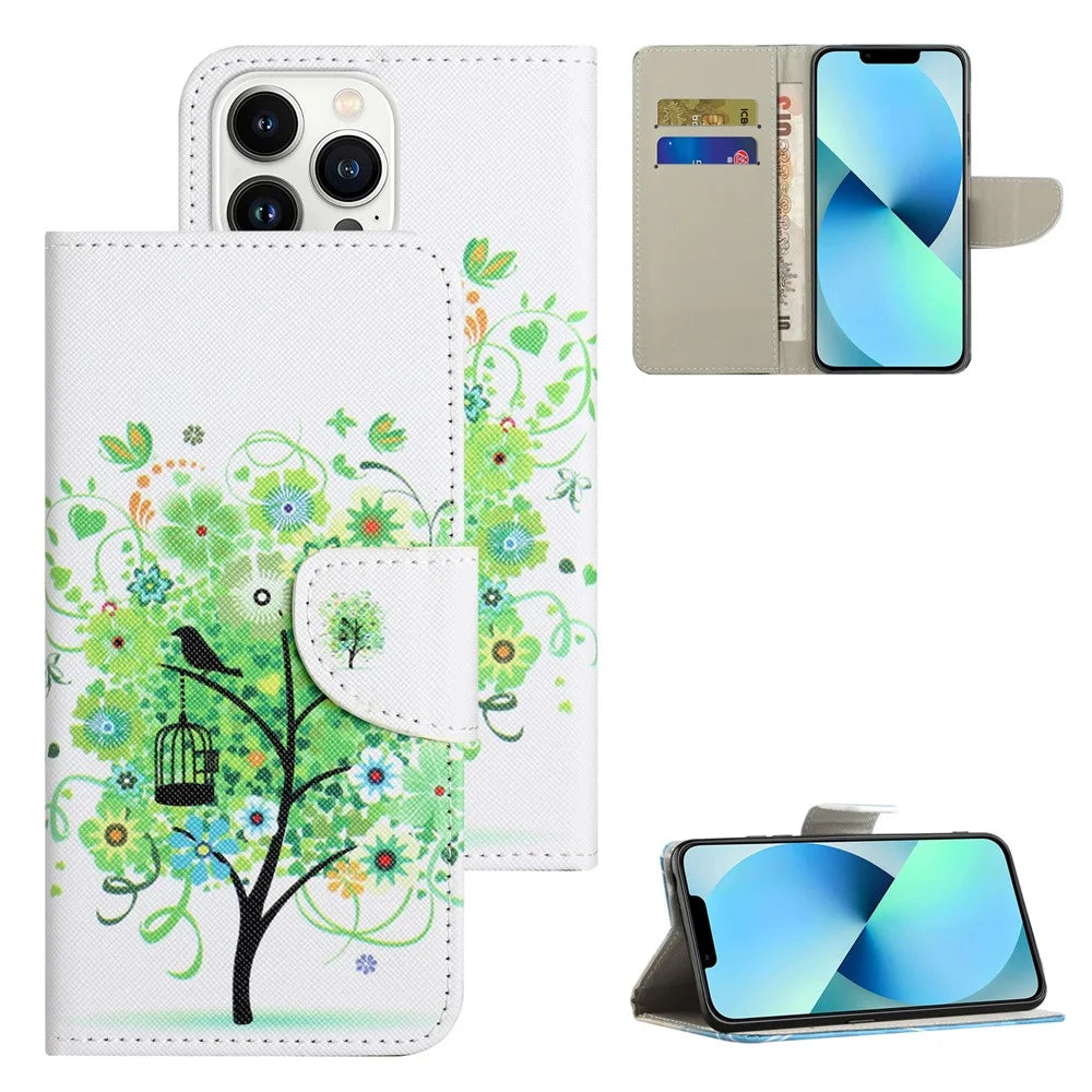 For iPhone 15 Pro Max Cellphone Case Pattern Printing Leather Wallet Stand Phone Cover - Green Tree - 6