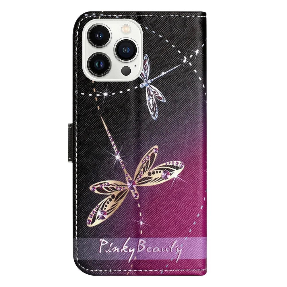 For iPhone 15 Pro Max Wallet Case PU Leather 3D Pattern Printing Stand Phone Cover - Dragonflies - 5