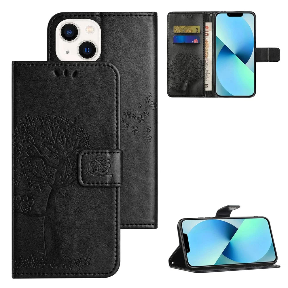 Phone Leather Case for iPhone 15 , Stand Wallet Owl Tree Imprinted Full Protection Phone Cover - Black - 6