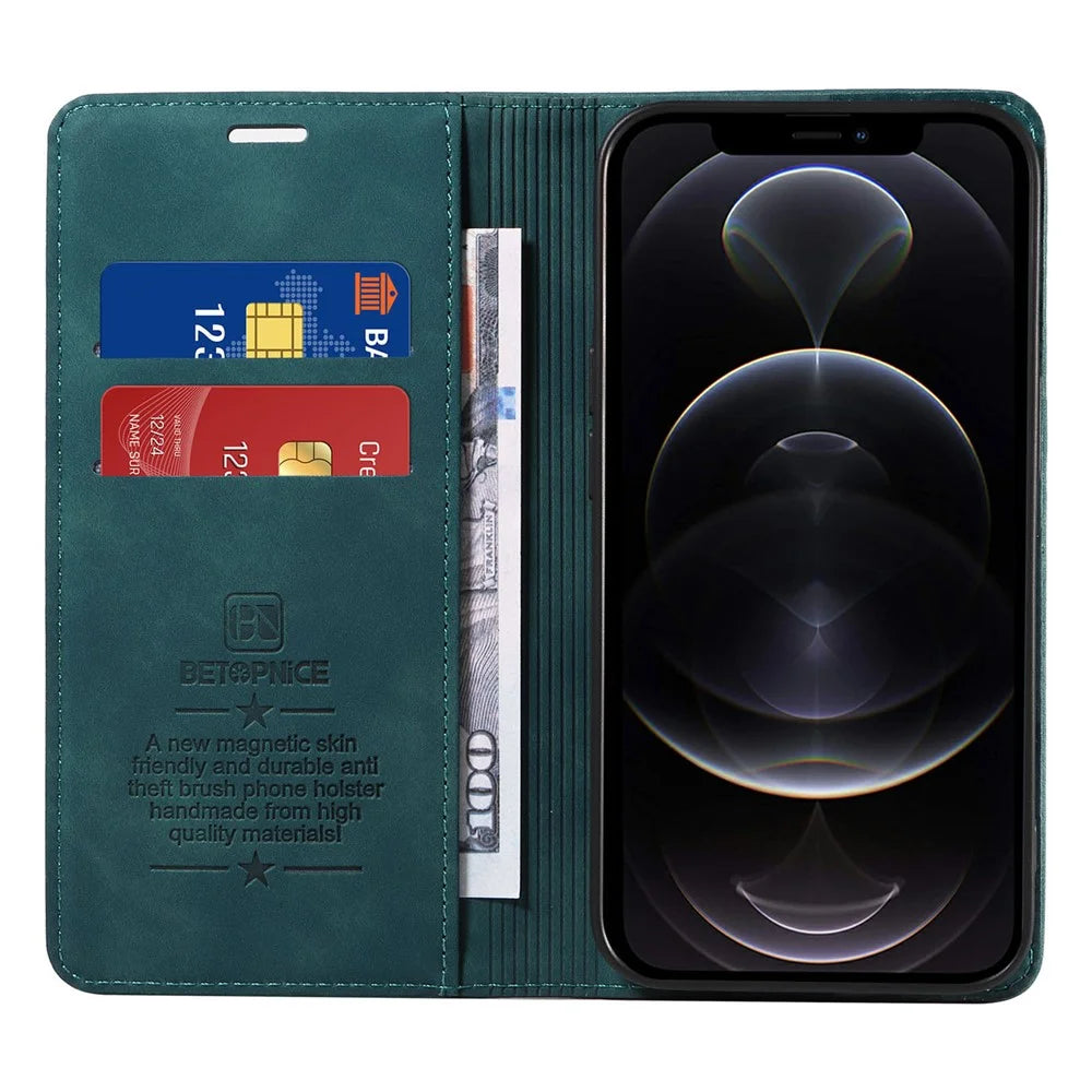 BETOPNICE 003 For iPhone 12 Pro Max 6.7 inch Anti-scratch Phone Cover Wallet Leather Stand RFID Blocking Case - Green - 2