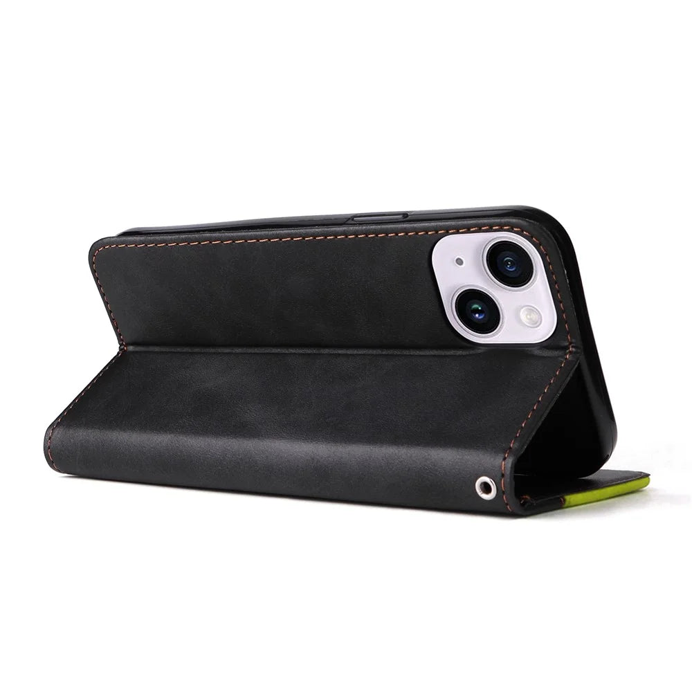 For iPhone 15 Plus Business Style Phone Case Stand Wallet Dual-Color Splicing PU Leather Cover - Green - 4