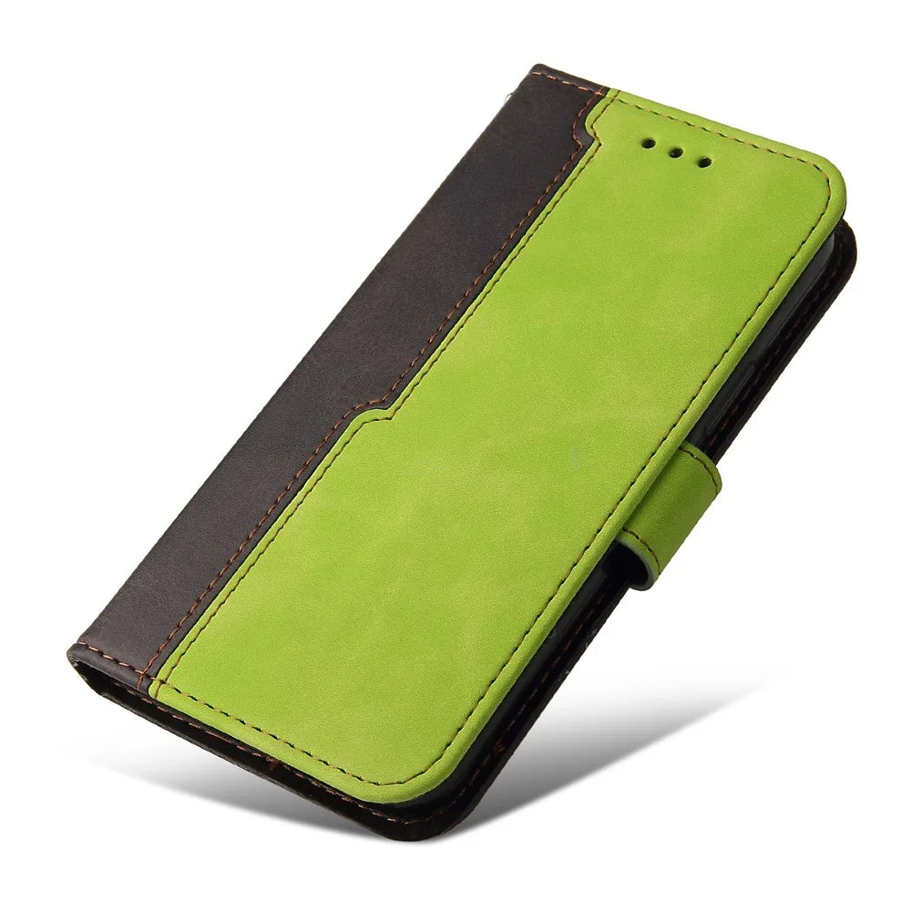 For iPhone 15 Plus Business Style Phone Case Stand Wallet Dual-Color Splicing PU Leather Cover - Green - 5