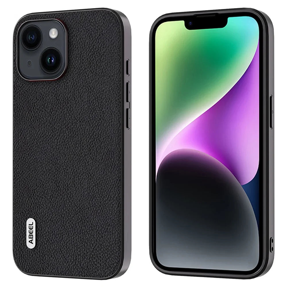 ABEEL For iPhone 14 Shockproof Phone Case Cowhide Leather Coated PC+TPU Fine Litchi Texture Cover - Black - 1
