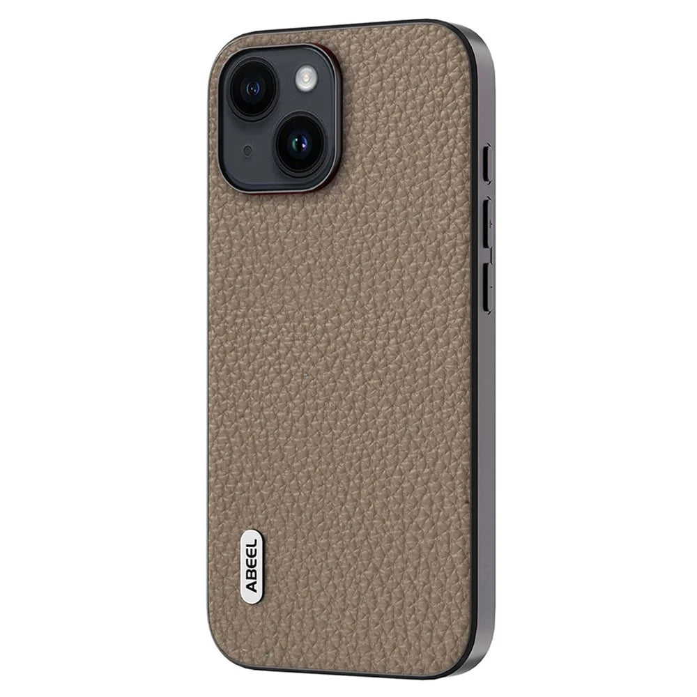 ABEEL For iPhone 14 Anti-scratch Cowhide Leather Coated PC+TPU Phone Case Litchi Texture Cover - Khaki - 2