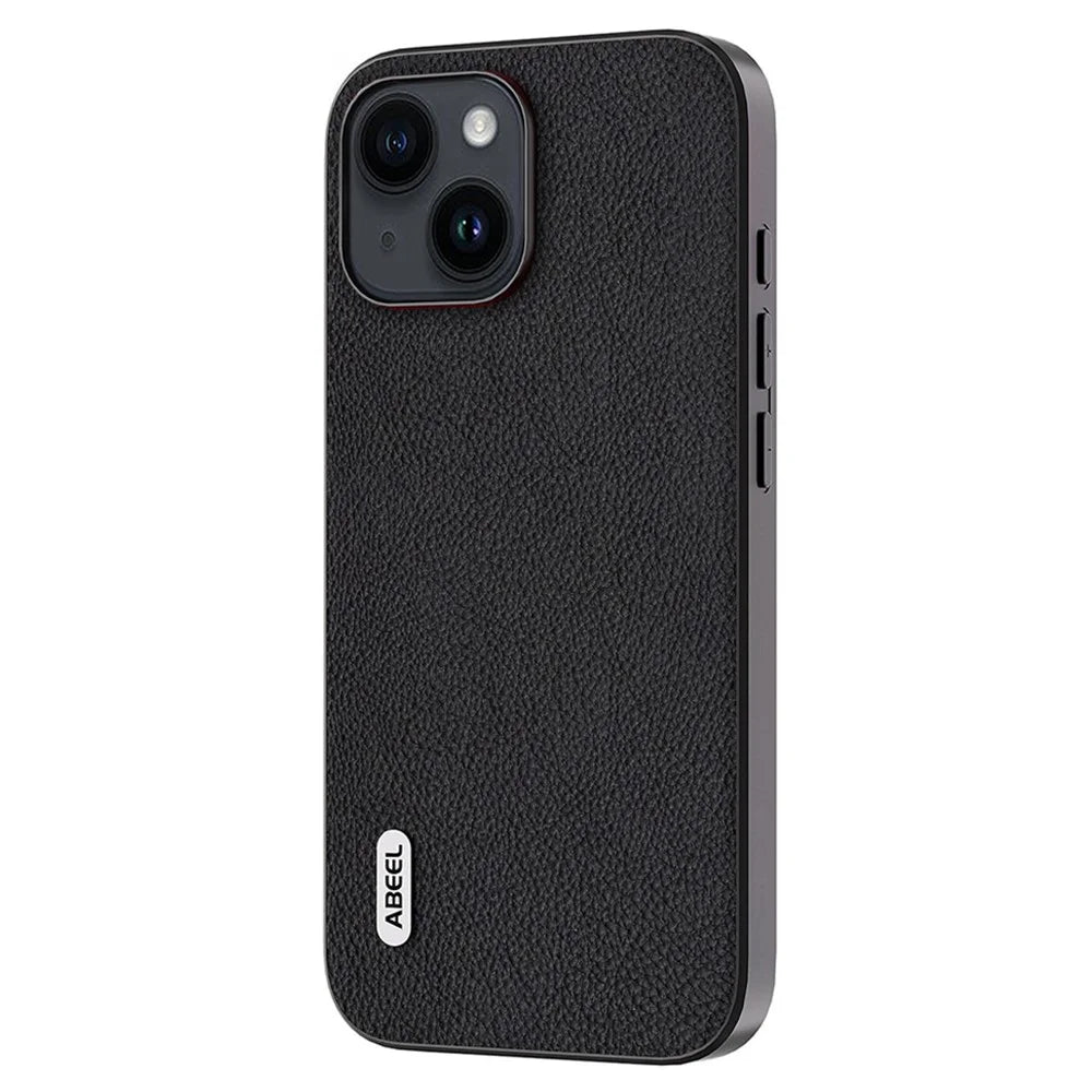 ABEEL For iPhone 14 Plus Phone Case Cowhide Leather Coated PC+TPU Fine Litchi Texture Back Cover - Black - 2
