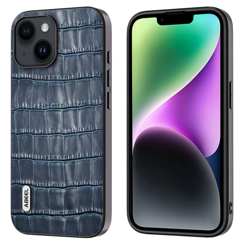 ABEEL For iPhone 14 Plus Anti-drop Crocodile Texture Phone Case Cowhide Leather + TPU + PC Hybrid Cover - Blue - 1