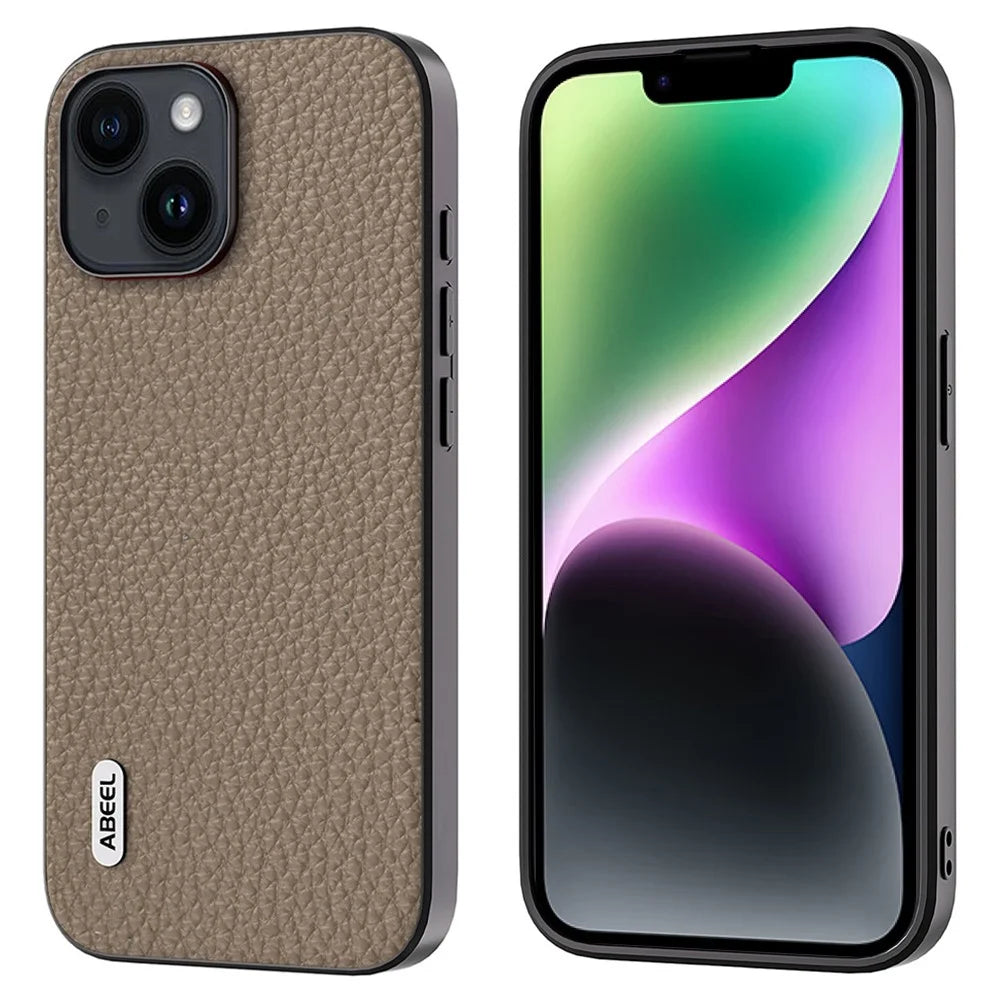 ABEEL For iPhone 14 Plus Cowhide Leather Coated PC+TPU Phone Case Litchi Texture Shockproof Cover - Khaki - 1