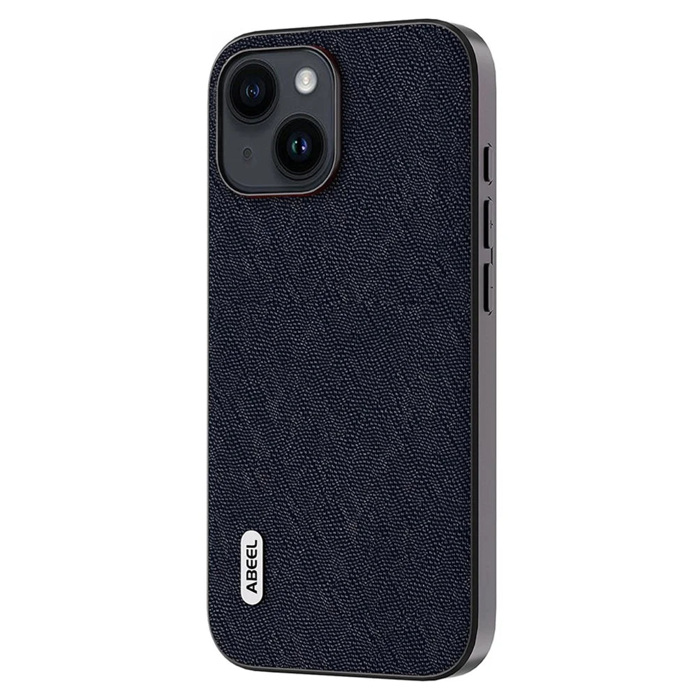 ABEEL For iPhone 14 Plus Cross Texture Phone Back Case Drop Proof Cowhide Leather + TPU + PC Cover - Blue - 2