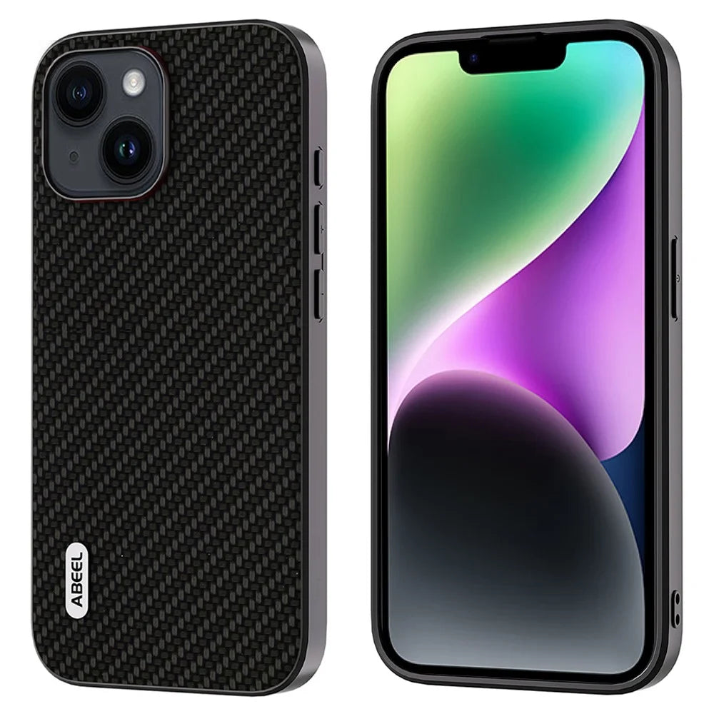 ABEEL For iPhone 14 Plus Carbon Fiber Texture Phone Back Case PU Leather Coated PC+TPU Cover - Black - 1