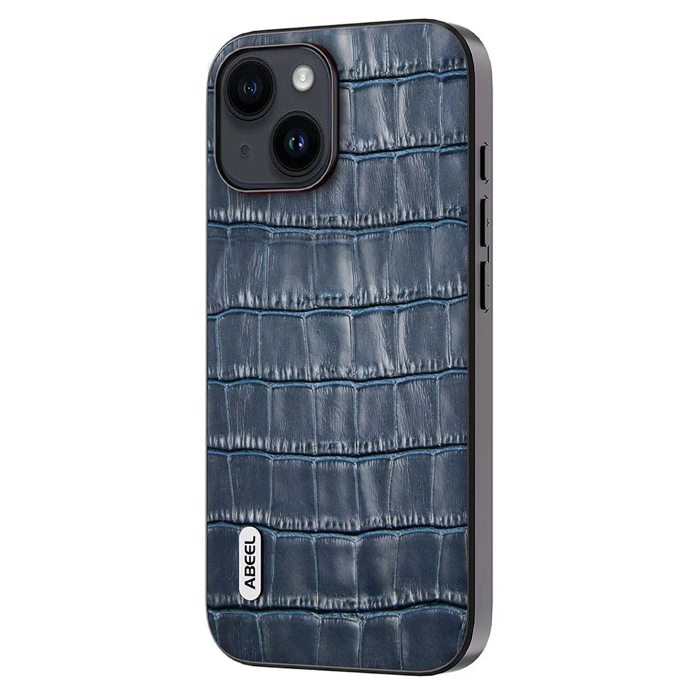 ABEEL For iPhone 15 Plus Phone Case Cowhide Leather + TPU + PC Crocodile Texture Cover - Blue - 2