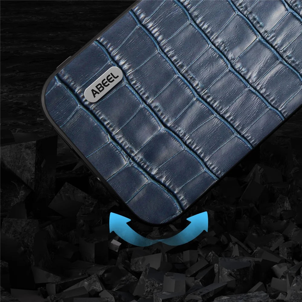 ABEEL For iPhone 15 Plus Phone Case Cowhide Leather + TPU + PC Crocodile Texture Cover - Blue - 4