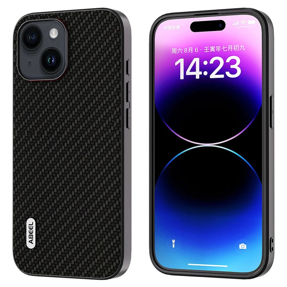 ABEEL Carbon Fiber Texture Phone Case for iPhone 15 , PU Leather Coated PC+TPU Phone Cover - Black - 1