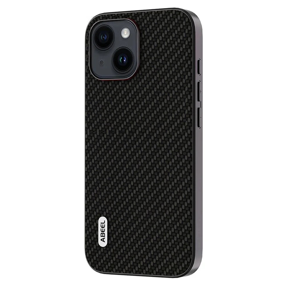 ABEEL Carbon Fiber Texture Phone Case for iPhone 15 , PU Leather Coated PC+TPU Phone Cover - Black - 2