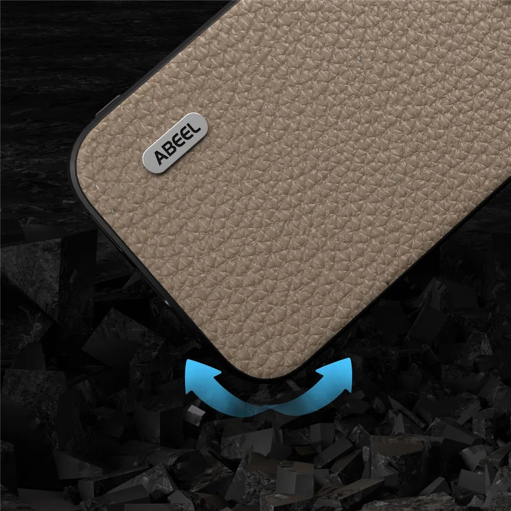 ABEEL Slim Phone Case for iPhone 15 Cowhide Leather + PC + TPU Litchi Texture Protective Cover - Khaki - 4