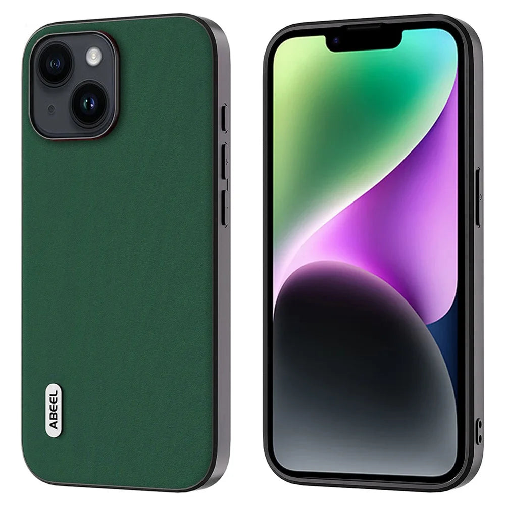ABEEL For iPhone 14 Plus Shockproof Phone Case Cowhide Leather Coated PC+TPU Silky Feeling Cover - Green - 1