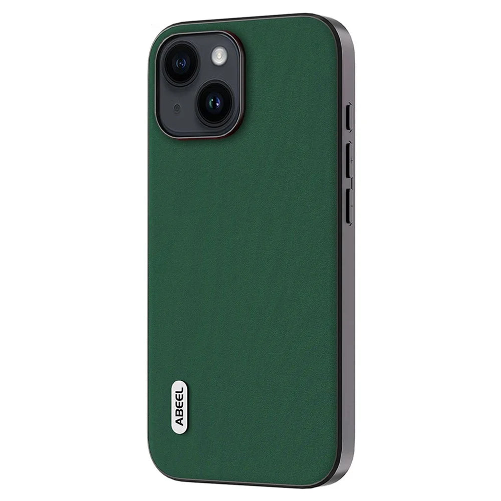 ABEEL For iPhone 14 Plus Shockproof Phone Case Cowhide Leather Coated PC+TPU Silky Feeling Cover - Green - 2