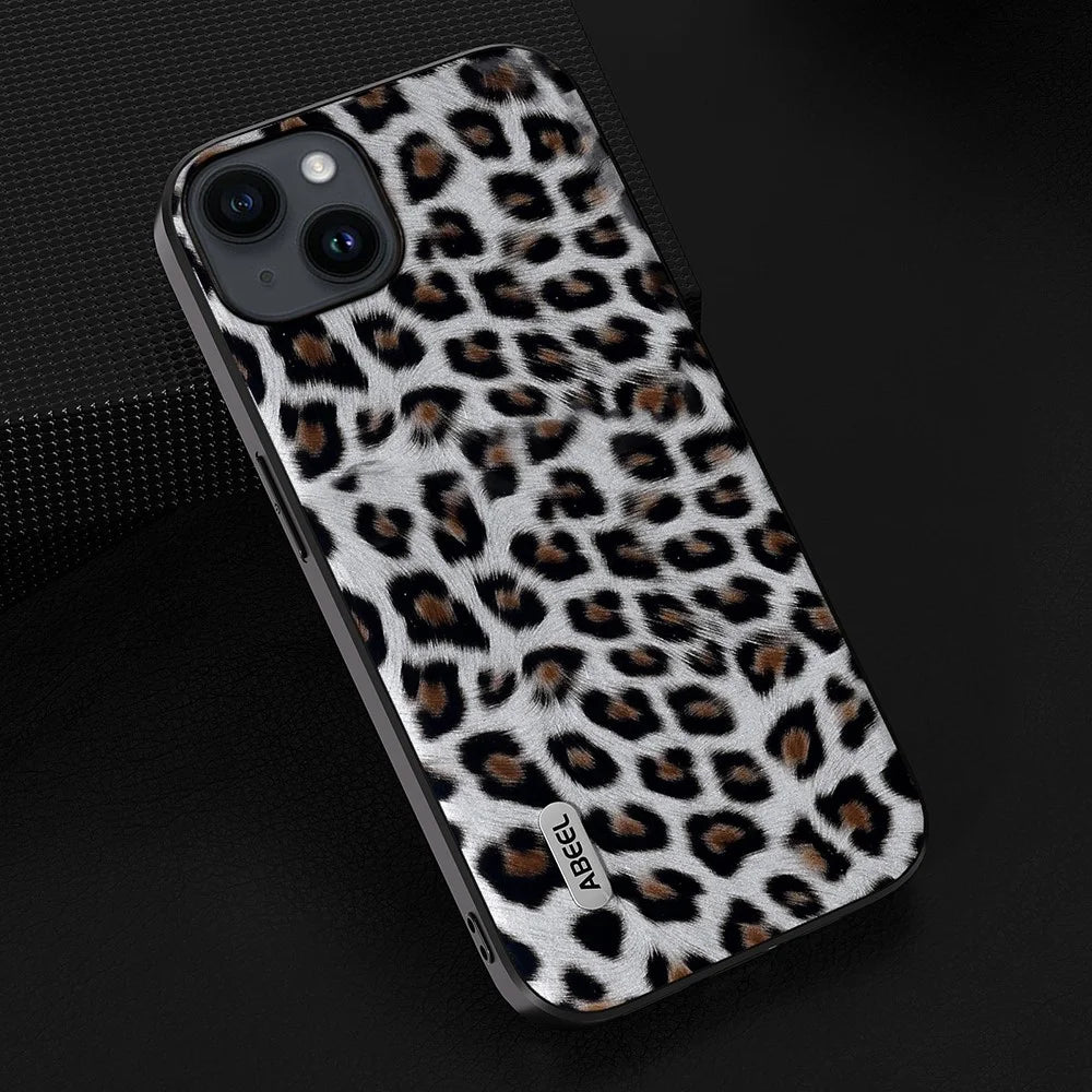 ABEEL For iPhone 14 Plus Phone Protector PU Leather Coated TPU + PC Shell Leopard Texture Case - Silver - 4
