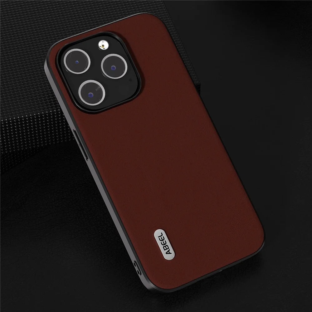 ABEEL For iPhone 13 Pro Max Back Cover Silky Feeling Cowhide Leather Coated PC+TPU Phone Case - Coffee - 4