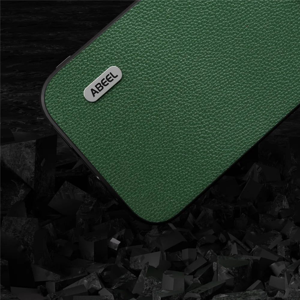 ABEEL For iPhone 13 Pro Max Litchi Texture Back Cover Cowhide Leather Coated PC + TPU Phone Case - Green - 5