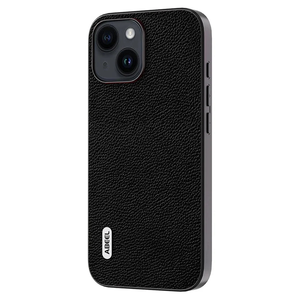 ABEEL For iPhone 13 Ultra-Thin Phone Case Litchi Texture Cowhide Leather Coated PC + TPU Shell - Black - 2