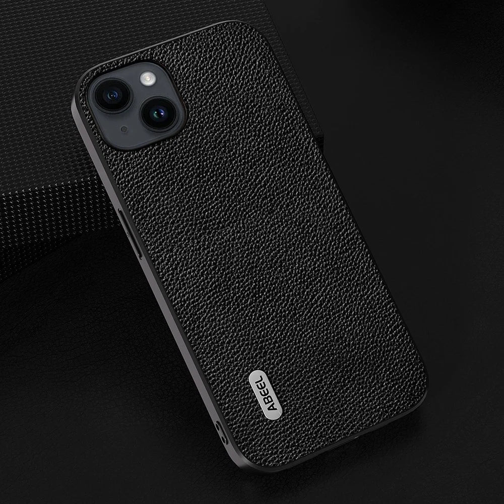 ABEEL For iPhone 13 Ultra-Thin Phone Case Litchi Texture Cowhide Leather Coated PC + TPU Shell - Black - 4