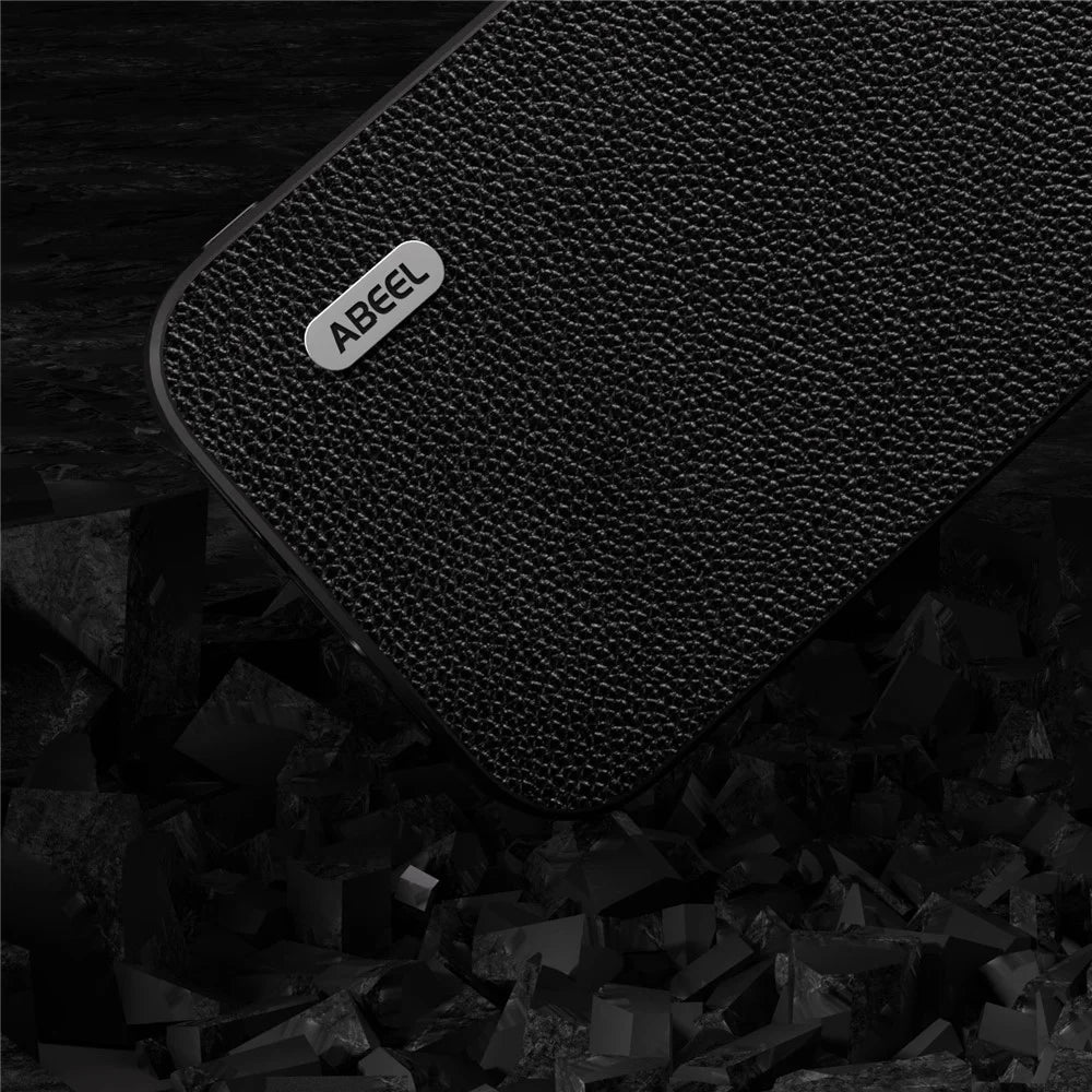 ABEEL For iPhone 13 Ultra-Thin Phone Case Litchi Texture Cowhide Leather Coated PC + TPU Shell - Black - 5