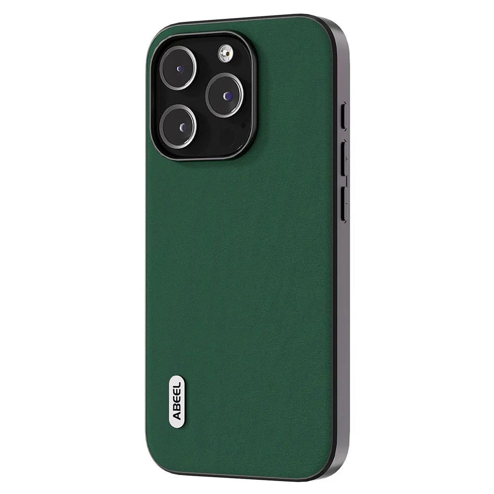 ABEEL For iPhone 13 Pro Cowhide Leather Coated PC+TPU Slim Case Silky Feeling Smooth Touch Phone Cover - Green - 2