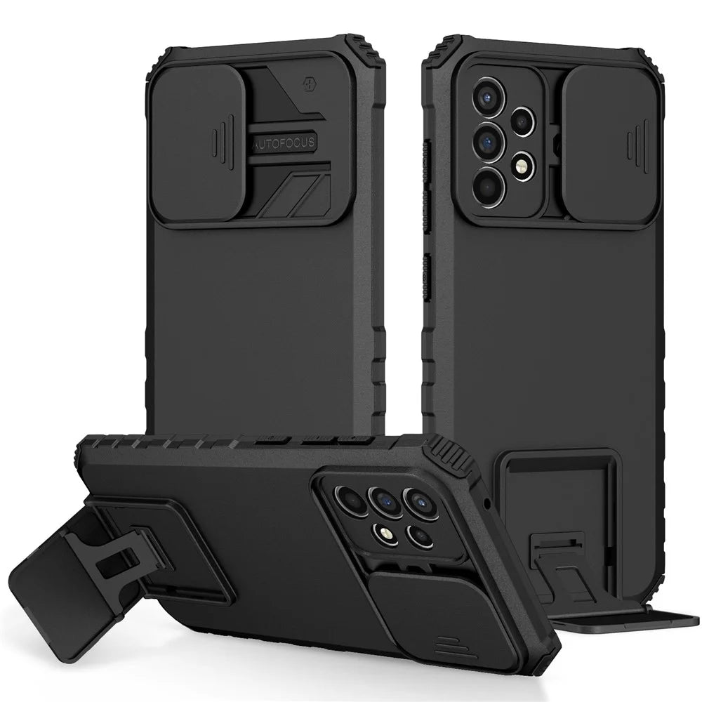 For Samsung Galaxy A52 4G / A52 5G / A52s 5G PC+TPU Kickstand Cover Slide Camera Lid Phone Case - Black - 1