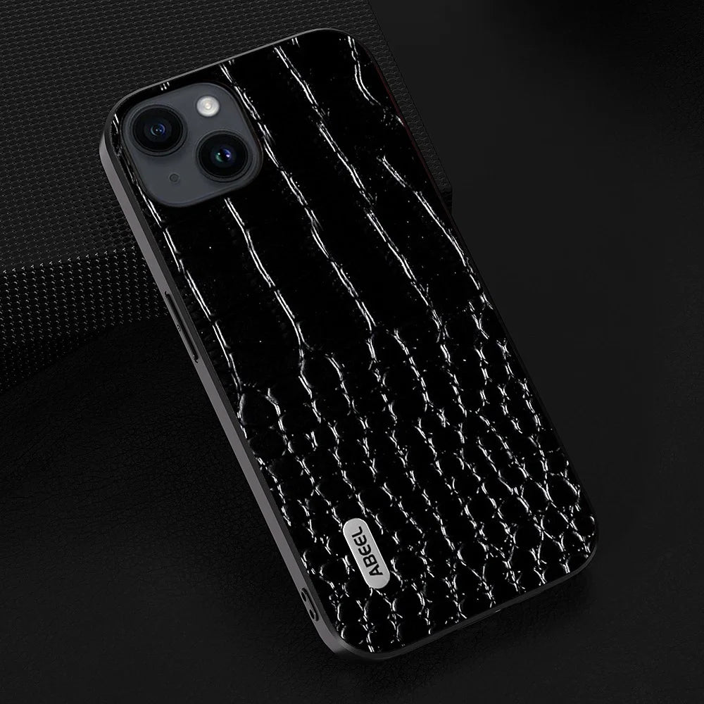 ABEEL For iPhone 15 Anti-fall Phone Case Crocodile Texture Genuine Cow Leather+PC+TPU Cover - Black - 2