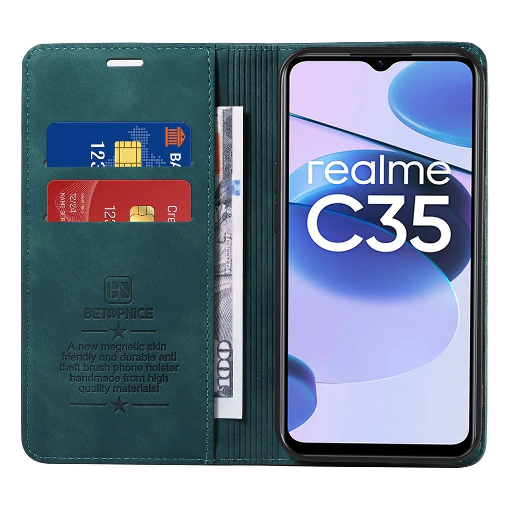 BETOPNICE 003 PU Leather Flip Cover for Realme C35 4G / Narzo 50A Prime , RFID Blocking Phone Case - Green - 2