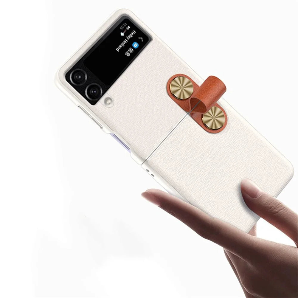 GKK Strap Kickstand Case for Samsung Galaxy Z Flip4 5G Anti-Drop Phone Cover PU Leather Coated Hard PC Case - White / Brown - 4