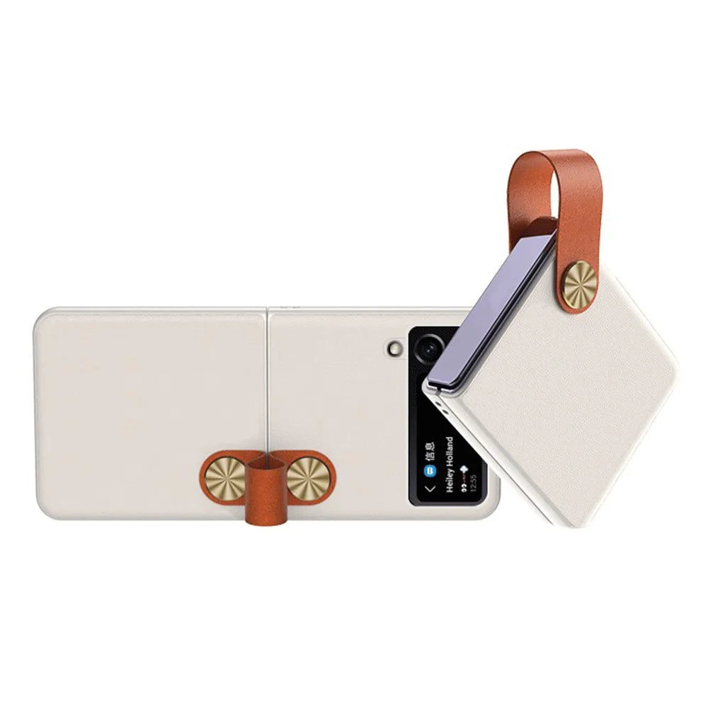 GKK Strap Kickstand Case for Samsung Galaxy Z Flip4 5G Anti-Drop Phone Cover PU Leather Coated Hard PC Case - White / Brown - 5