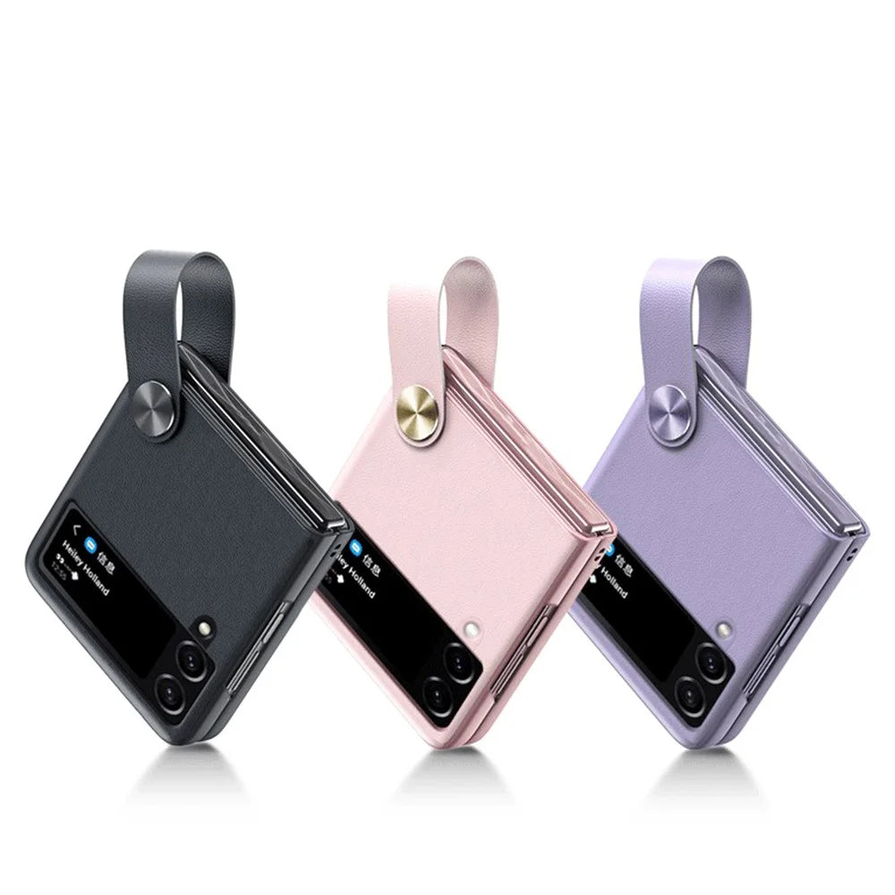 GKK Strap Kickstand Case for Samsung Galaxy Z Flip4 5G Anti-Drop Phone Cover PU Leather Coated Hard PC Case - White / Brown - 6