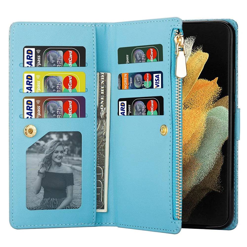 Zipper Wallet Shell for Samsung Galaxy Z Fold5 5G Leather Stand Case Laser Carving Glittery Phone Cover with Strap - Blue - 2