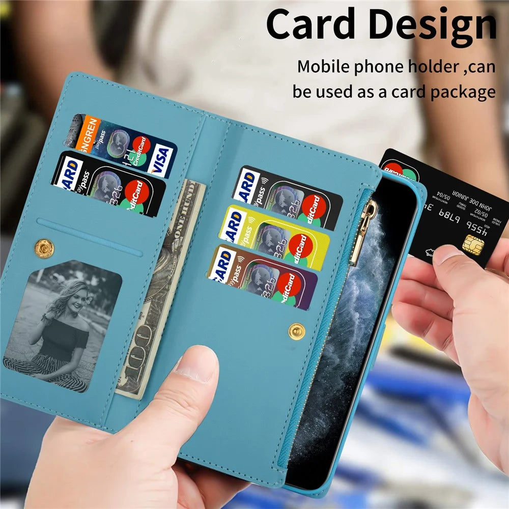 Zipper Wallet Shell for Samsung Galaxy Z Fold5 5G Leather Stand Case Laser Carving Glittery Phone Cover with Strap - Blue - 6