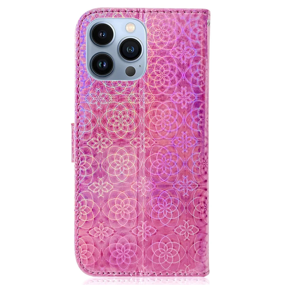 Stand Wallet Case for iPhone 15 Pro Max , Dazzling Flower Pattern Leather Cell Phone Cover - Pink - 7