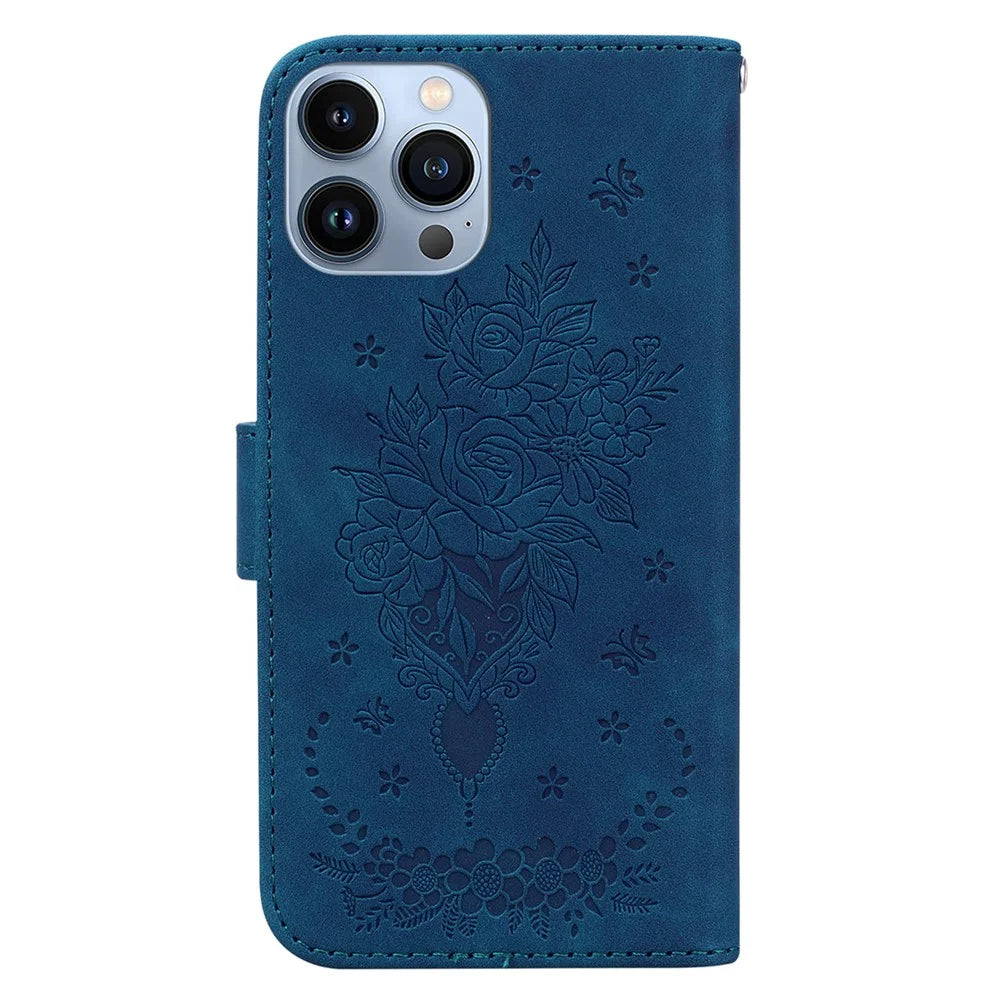 For iPhone 15 Pro Max Stand Phone Shell Rose Butterfly Imprinted Wallet Case PU Leather Phone Cover - Blue - 7