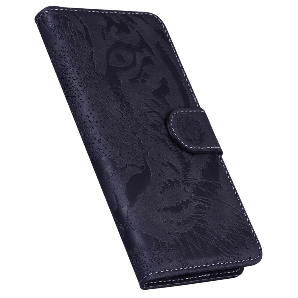For iPhone 15 Pro Imprinted Tiger Phone Leather Case Stand Wallet Phone Cover - Black - 5