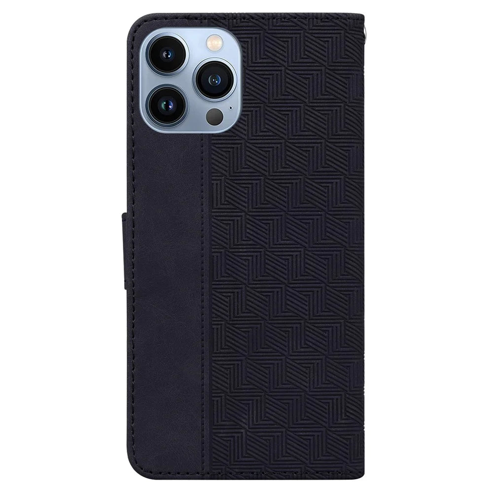 For iPhone 15 Pro Geometry Imprinted PU Leather Wallet Stand Phone Shell Mobile Case - Black - 7