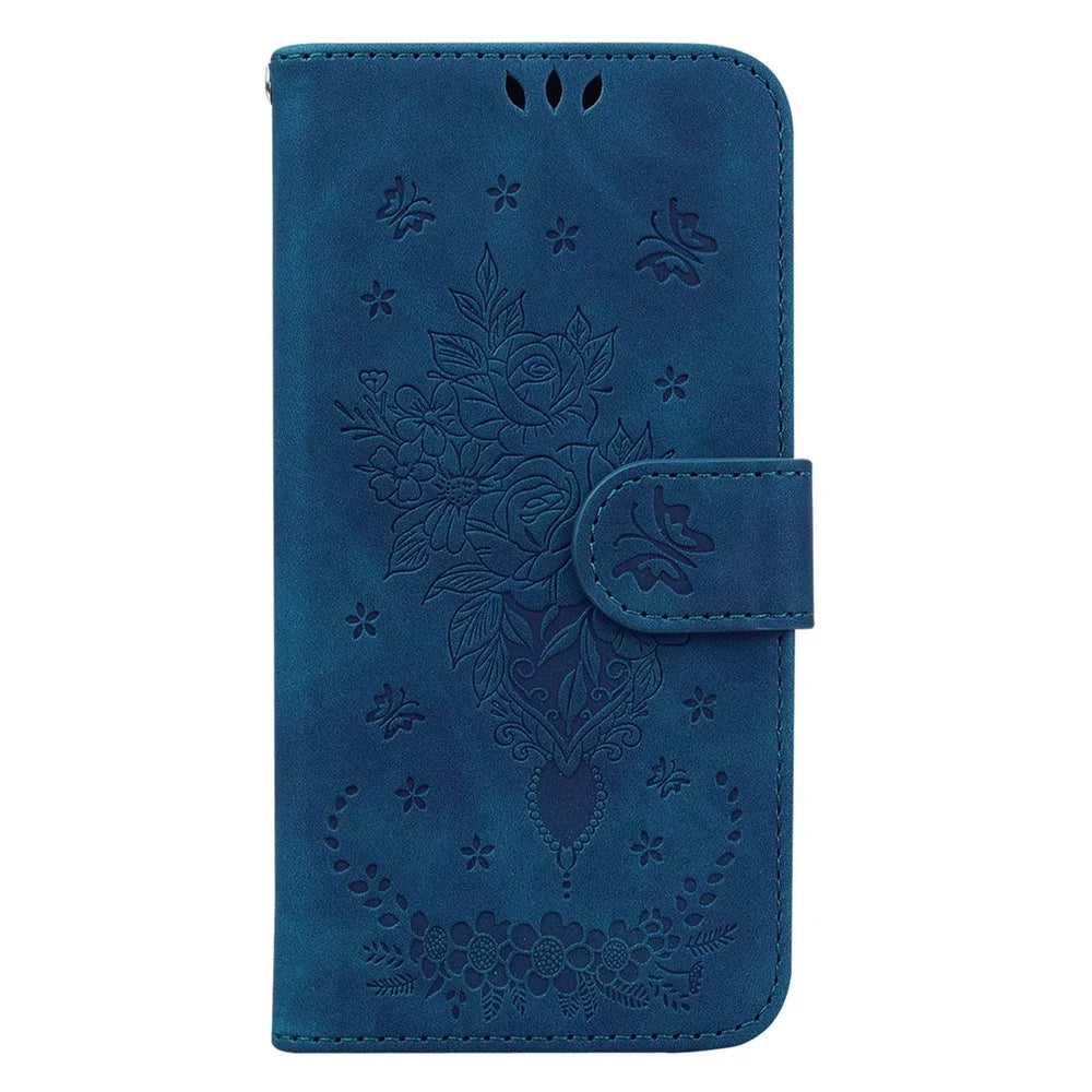 Rose Butterfly Imprinted Leather Case for iPhone 15 , Stand Wallet Protective Phone Cover - Blue - 6
