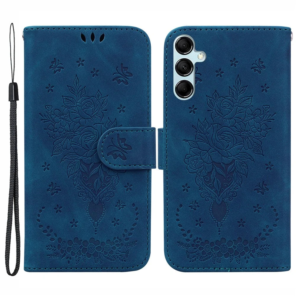 For Samsung Galaxy M54 5G / F54 5G Leather Wallet Stand Phone Case Imprinted Rose Butterfly Shell - Blue - 1