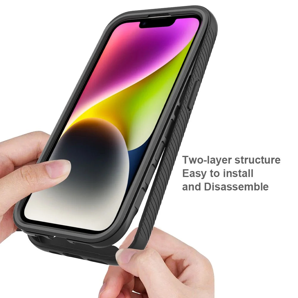 For iPhone 15 Full Protection Phone Case 3-in-1 Anti-Drop TPU+PC Cover with PET Screen Protector - Black - 2