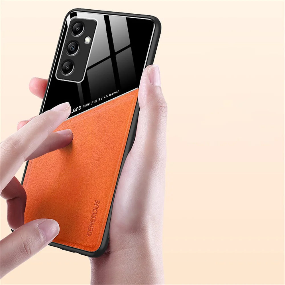 For Samsung Galaxy M14 5G PU Leather Coated TPU+PC Anti-drop Phone Back Case with Car Mount Metal Sheet - Orange - 4