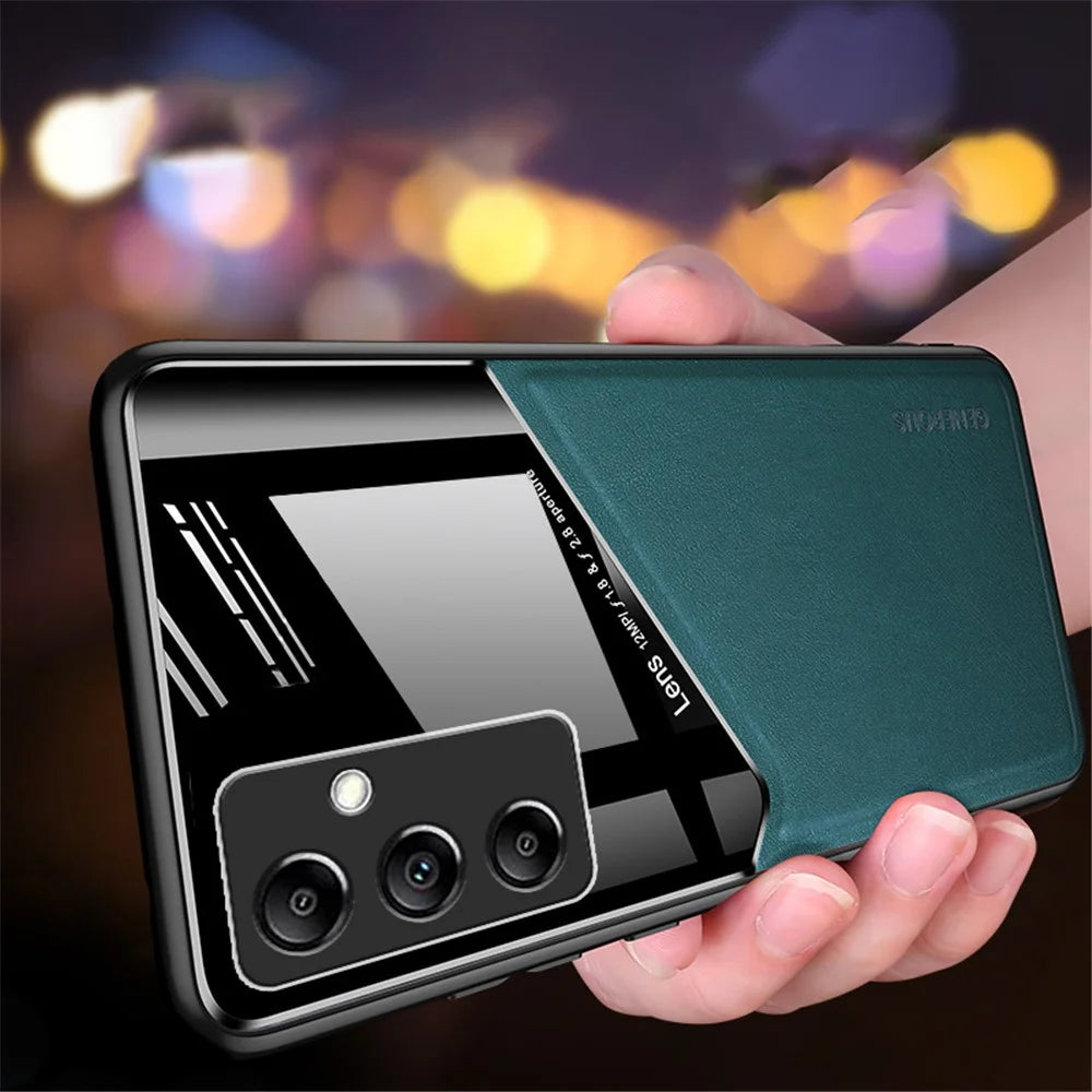 For Samsung Galaxy M14 5G PU Leather Coated TPU+PC Anti-drop Phone Back Case with Car Mount Metal Sheet - Orange - 6