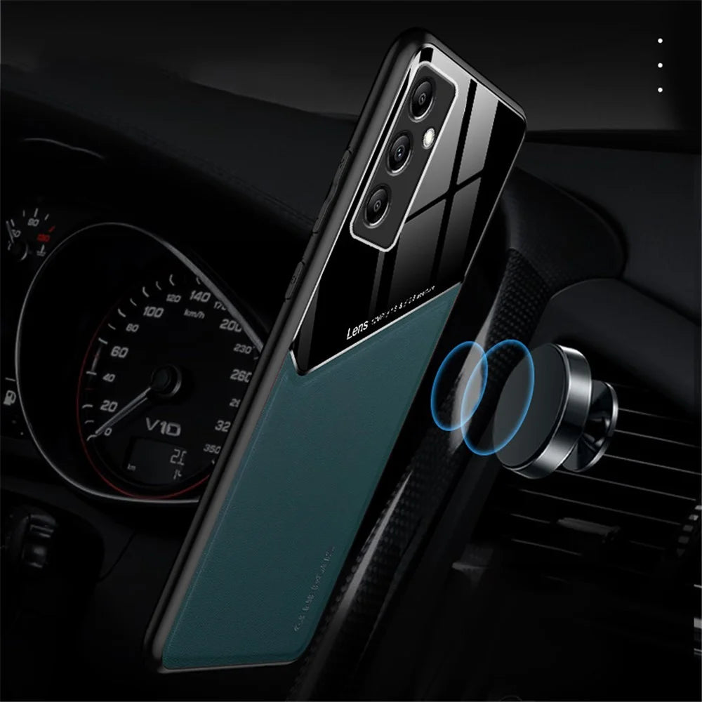 For Samsung Galaxy M14 5G PU Leather Coated TPU+PC Anti-drop Phone Back Case with Car Mount Metal Sheet - Orange - 7