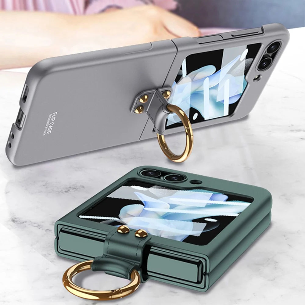 GKK For Samsung Galaxy Z Flip5 5G Plastic Phone Case Tempered Glass Film Phone Shell with Ring Holder - Purple - 6