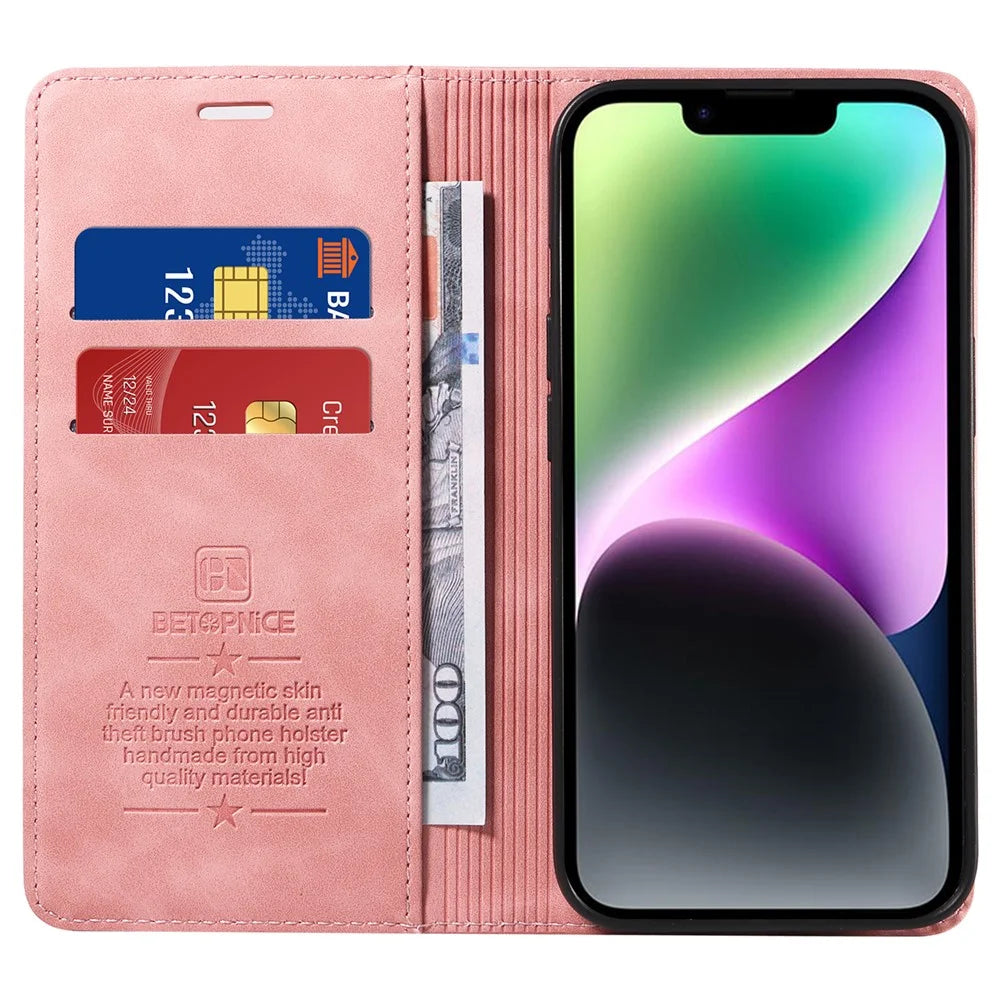 BETOPNICE 003 For iPhone 15 Fully Wrapped PU Leather Cover RFID Blocking Stand Wallet Phone Case - Pink - 2