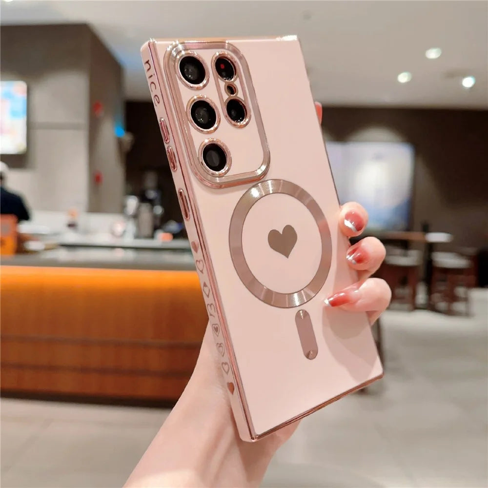 For Samsung Galaxy S22 Ultra 5G Phone TPU Case 6D Electroplating Love Heart Cover Magnetic Case - Pink - 1